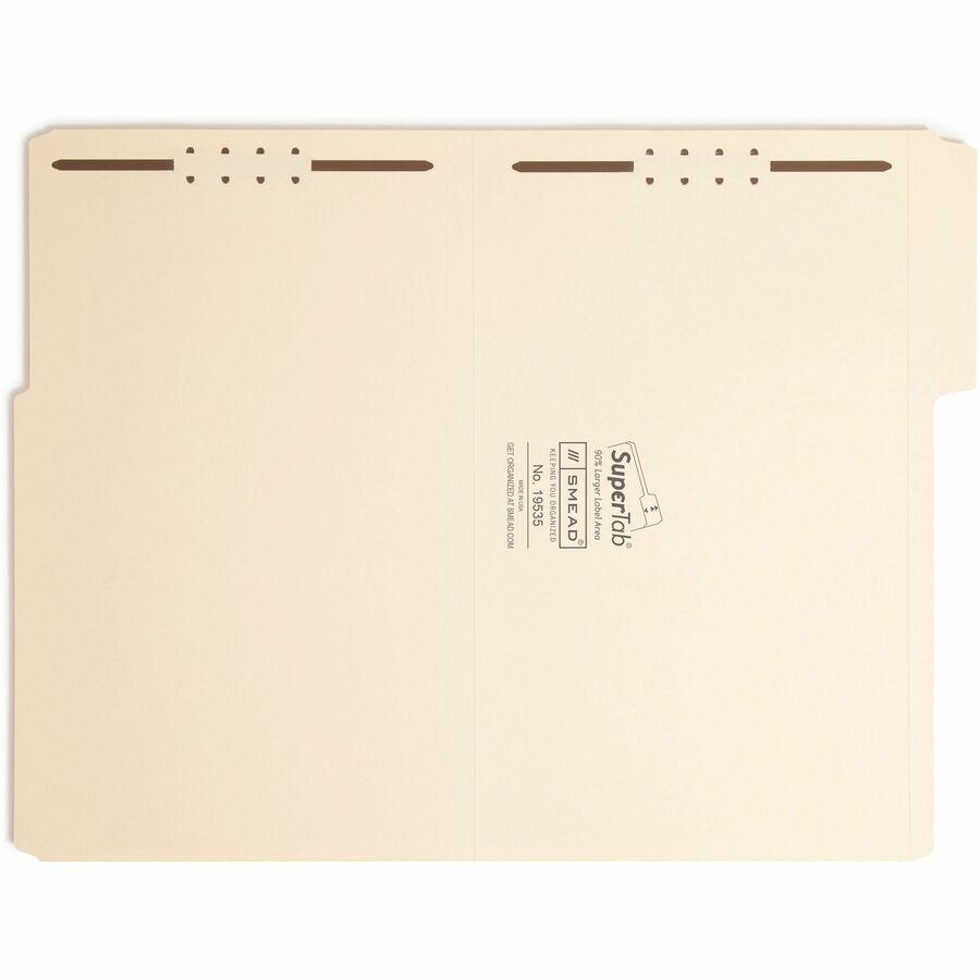 Smead SuperTab 1/3 Tab Cut Legal Recycled Fastener Folder - 8 1/2" x 14" - 3/4" Expansion - 2 x 2K Fastener(s) - Top Tab Location - Right of Center Tab Position - Manila - 10% Recycled - 50 / Box. Picture 12
