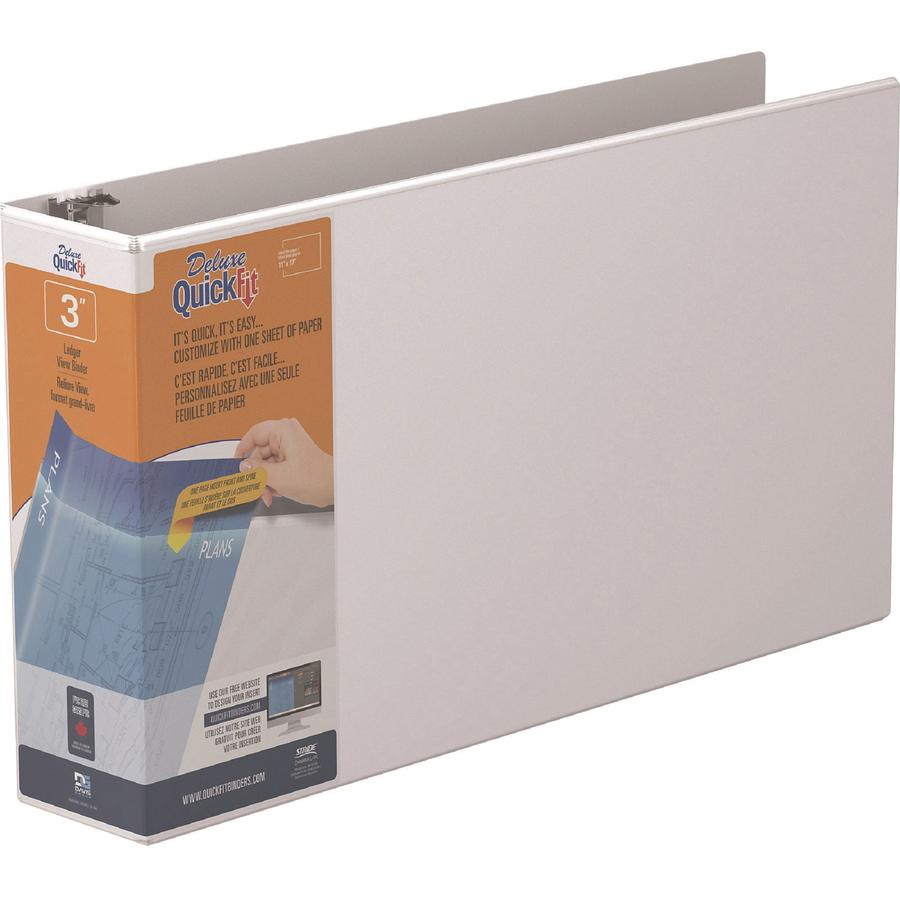 QuickFit D-ring Ledger Binder - 3" Binder Capacity - Ledger - 11" x 17" Sheet Size - D-Ring Fastener(s) - 1 Internal Pocket(s) - White - Recycled - Label Holder, Clear Overlay, Heavy Duty - 1 Each. Picture 3
