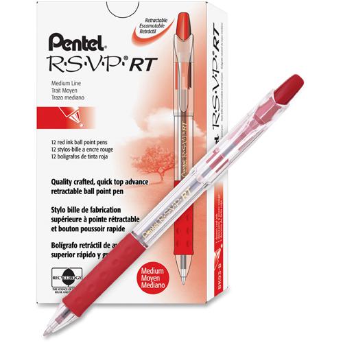 Pentel Recycled Retractable R.S.V.P. Pens - Medium Pen Point - 1 mm Pen Point Size - Refillable - Retractable - Red - Clear Barrel - Stainless Steel Tip - 1 Dozen. Picture 2