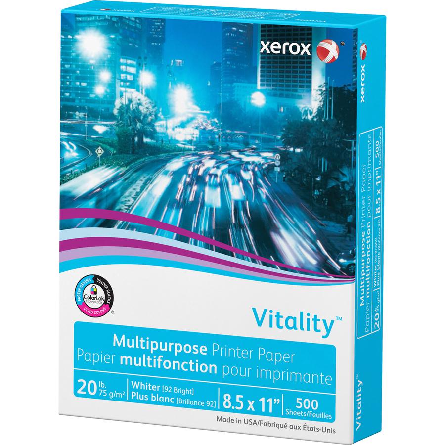 Xerox Vitality Multipurpose Printer Paper - White - 92 Brightness - 90% Opacity - Letter - 8 1/2" x 11" - 20 lb Basis Weight - White - 500/Pack - 10 / Carton. Picture 3