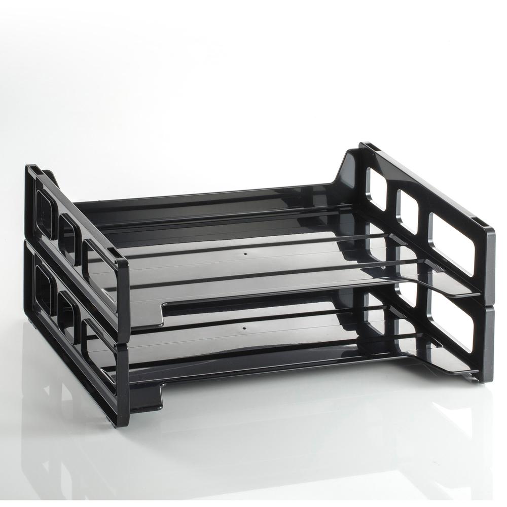 Officemate Side-Loading Desk Trays, 2PK - 2.8" Height x 13.2" Width x 9" DepthDesktop - Stackable, Durable - Black - Plastic - 2 / Pack. Picture 3