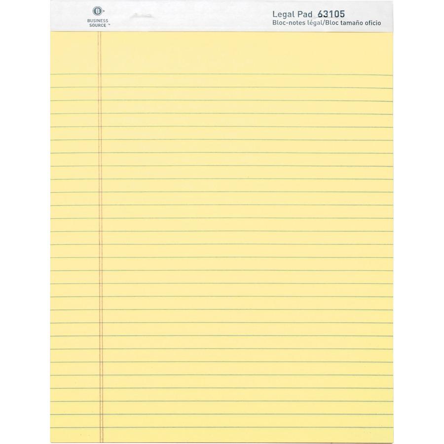 Business Source Micro-Perforated Legal Ruled Pads - 50 Sheets - 0.34" Ruled - 16 lb Basis Weight - 8 1/2" x 11 3/4" Sheet Size - Canary Paper - Micro Perforated, Easy Tear, Sturdy Back - No - 1 Dozen. Picture 4