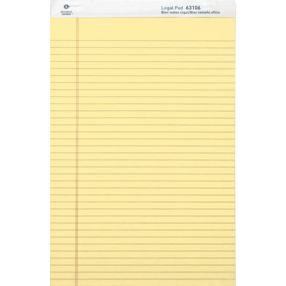 Business Source Legal Pads - 50 Sheets - 0.34" Ruled - 16 lb Basis Weight - Legal - 8 1/2" x 14" - Canary Paper - Micro Perforated, Easy Tear, Sturdy Back - 1 Dozen. Picture 4