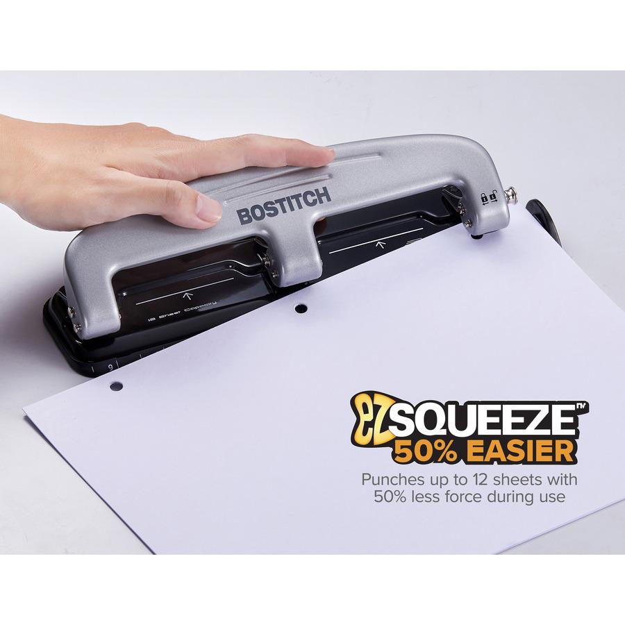 Bostitch EZ Squeeze&trade; 12 Three-Hole Punch - 3 Punch Head(s) - 12 Sheet - 9/32" Punch Size - 3" Width x 1.6" Height - Black, Silver. Picture 8