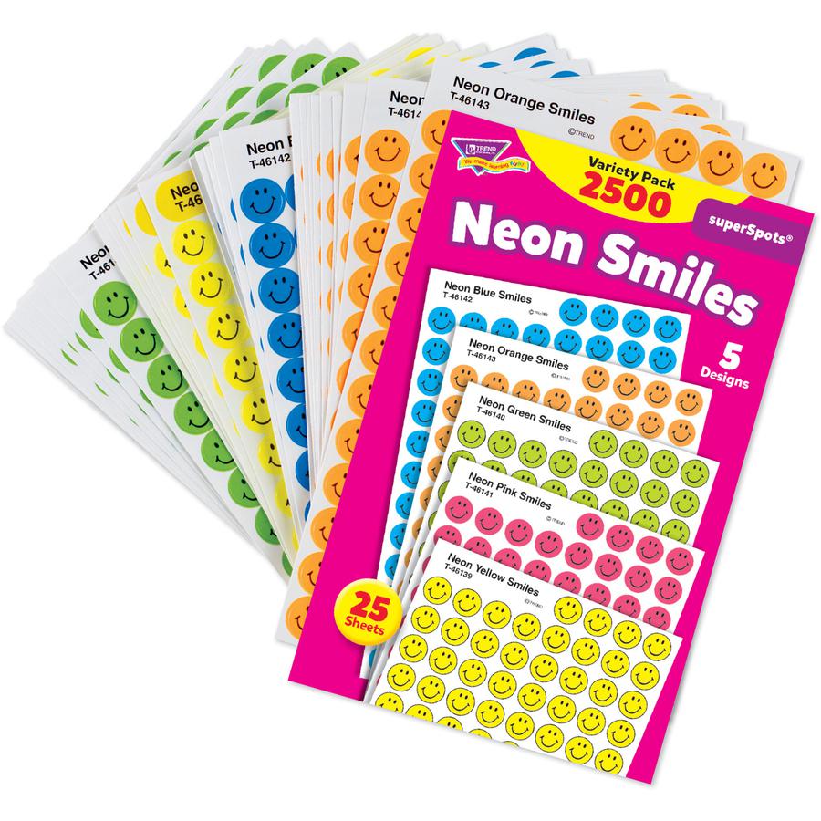 Trend superSpots Neon Smiles Stickers Variety Pack - 2500 x Smilies Shape - Acid-free, Non-toxic - Neon Green, Neon Yellow, Neon Orange, Neon Blue, Neon Pink - 2500 / Pack. Picture 3