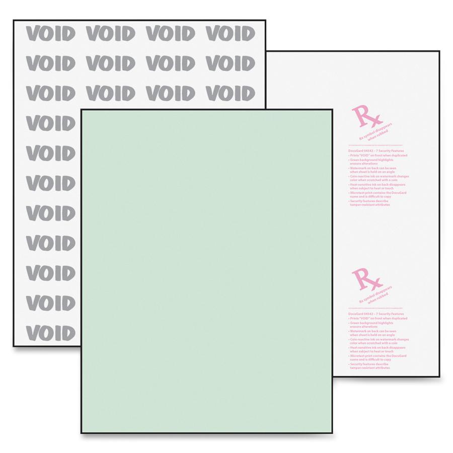 DocuGard Advanced Medical Security Paper - Letter - 8 1/2" x 11" - 24 lb Basis Weight - 500 / Ream - Tamper Resistant, Erasure Protection, Watermarked, CMS Approved - Green. Picture 3