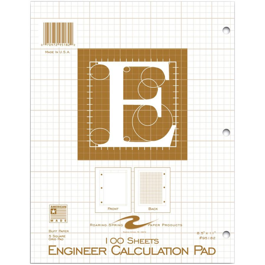 Roaring Spring 5x5 Grid Engineering Pad - 100 Sheets - 200 Pages - Printed - Glued - Back Ruling Surface - 3 Hole(s) - 20 lb Basis Weight - 75 g/m² Grammage - Letter - 11" x 8 1/2" Sheet Size - 0. Picture 3