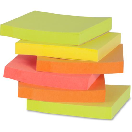 Business Source Repositionable Neon Notes - 3" Flag/Note Width x 3" Flag/Note Length - Square - Neon - Removable, Repositionable, Solvent-free Adhesive - 1 Pack. Picture 6