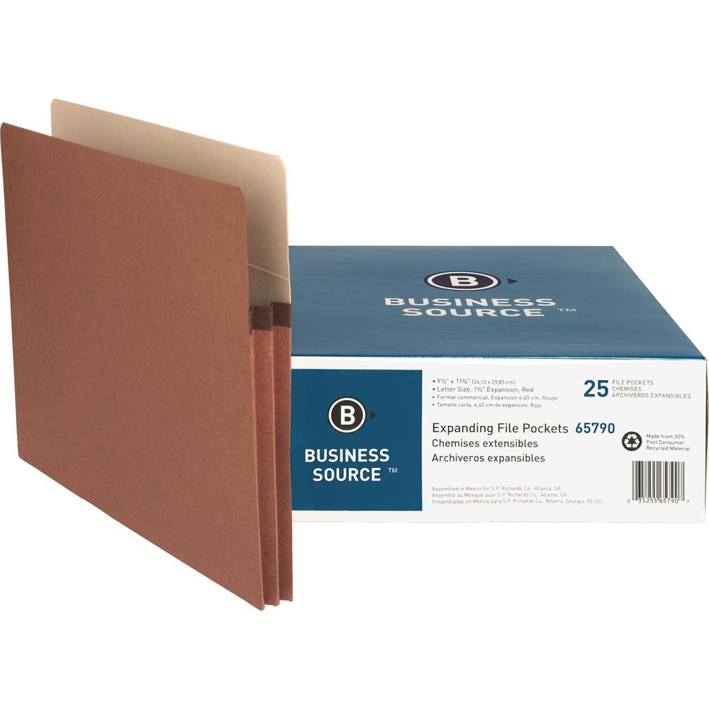 Business Source Straight Tab Cut Letter Recycled File Pocket - 8 1/2" x 11" - 1 3/4" Expansion - Redrope - Redrope - Tyvek Gusset, Reinforced Gusset, Tear Proof, Sturdy, Durable - 30% Recycled - 25 / . Picture 4