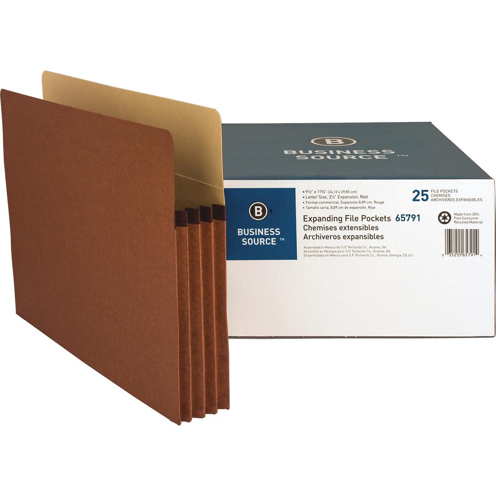 Business Source Straight Tab Cut Letter Recycled File Pocket - 8 1/2" x 11" - 3 1/2" Expansion - Redrope - Redrope - Tyvek Gusset, Tear Proof, Reinforced Gusset, Sturdy, Durable - 30% Recycled - 25 / . Picture 5