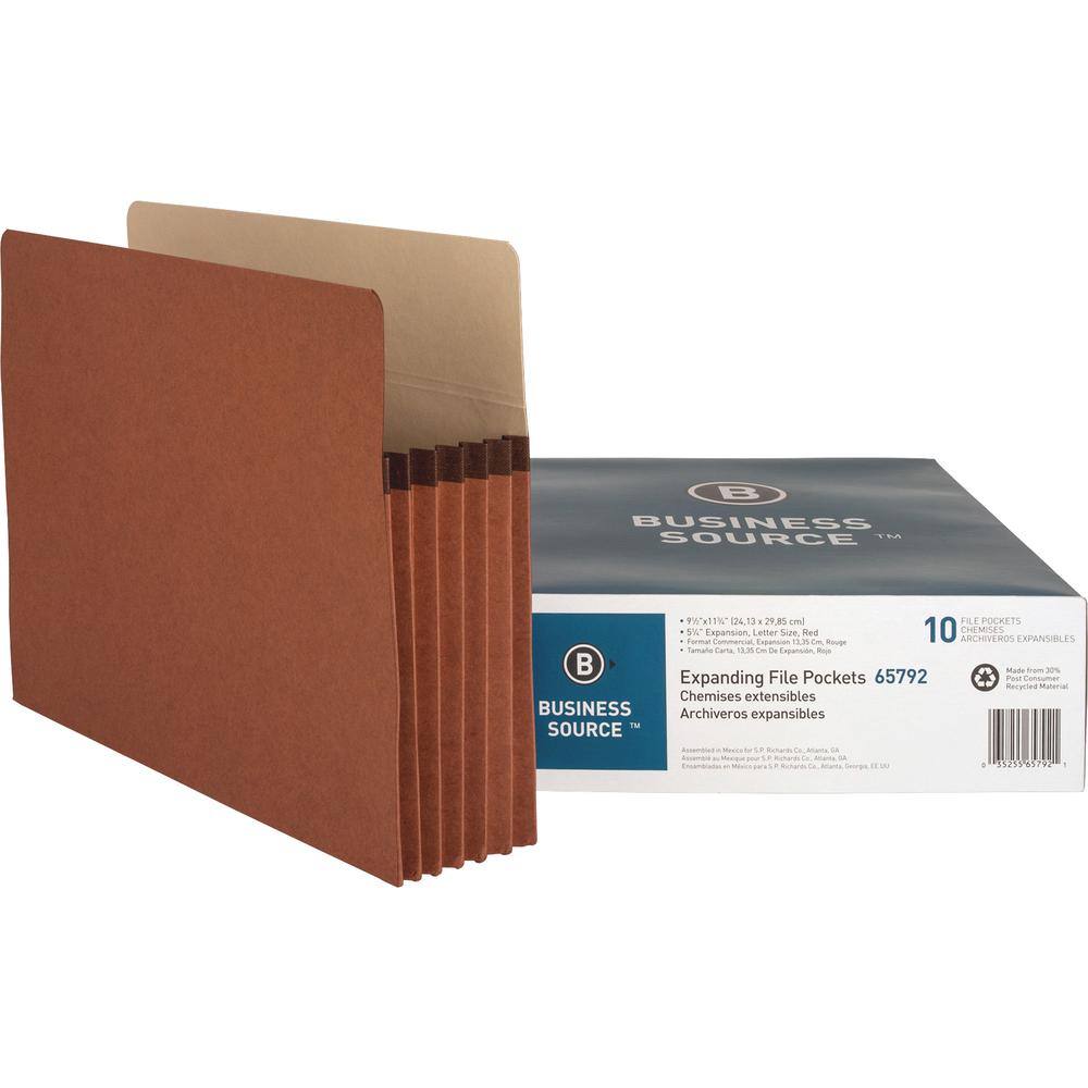 Business Source Straight Tab Cut Letter Yes File Pocket - 8 1/2" x 11" - 1200 Sheets Capacity - 5 1/4" Expansion - Redrope - Tear Proof, Tyvek Gusset, Reinforced Gusset, Sturdy, Durable - 30% Recycled. Picture 3