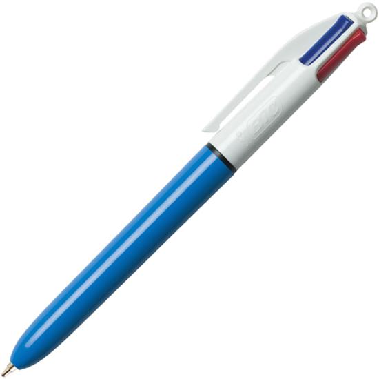 BIC 4-Color Retractable Ball Pen - Medium Pen Point - 1 mm Pen Point Size - Conical Pen Point Style - Refillable - Retractable - Black, Blue, Green, Red - Opaque Blue Barrel - 3 / Pack. Picture 2