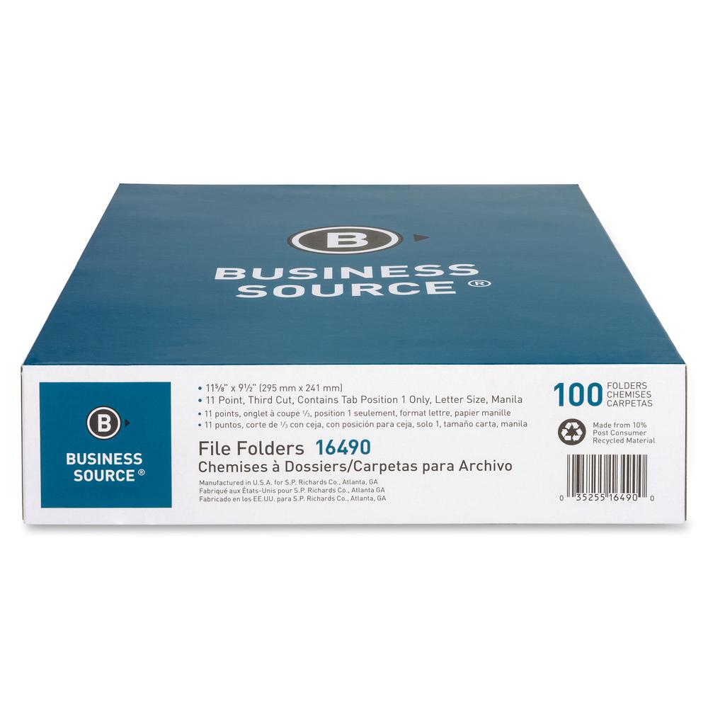 Business Source 1/3 Tab Cut Letter Recycled Top Tab File Folder - 8 1/2" x 11" - 3/4" Expansion - Top Tab Location - Left Tab Position - 11 pt. - 1 Plys - Manila - 10% Recycled - 100 / Box. Picture 3