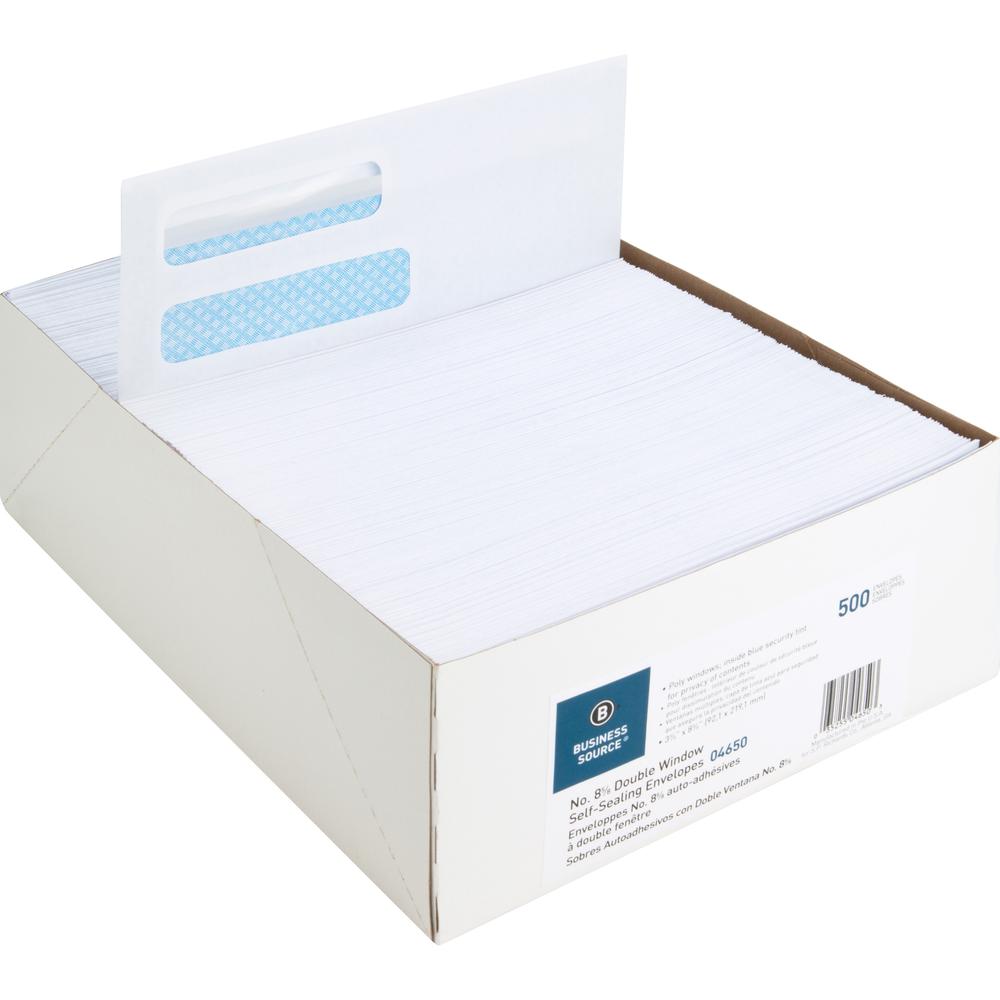 Business Source Double Window No. 8-5/8 Check Envelopes - Double Window - #8 5/8 - 8 5/8" Width x 3 5/8" Length - 24 lb - Self-sealing - White - 500 / Box. Picture 12
