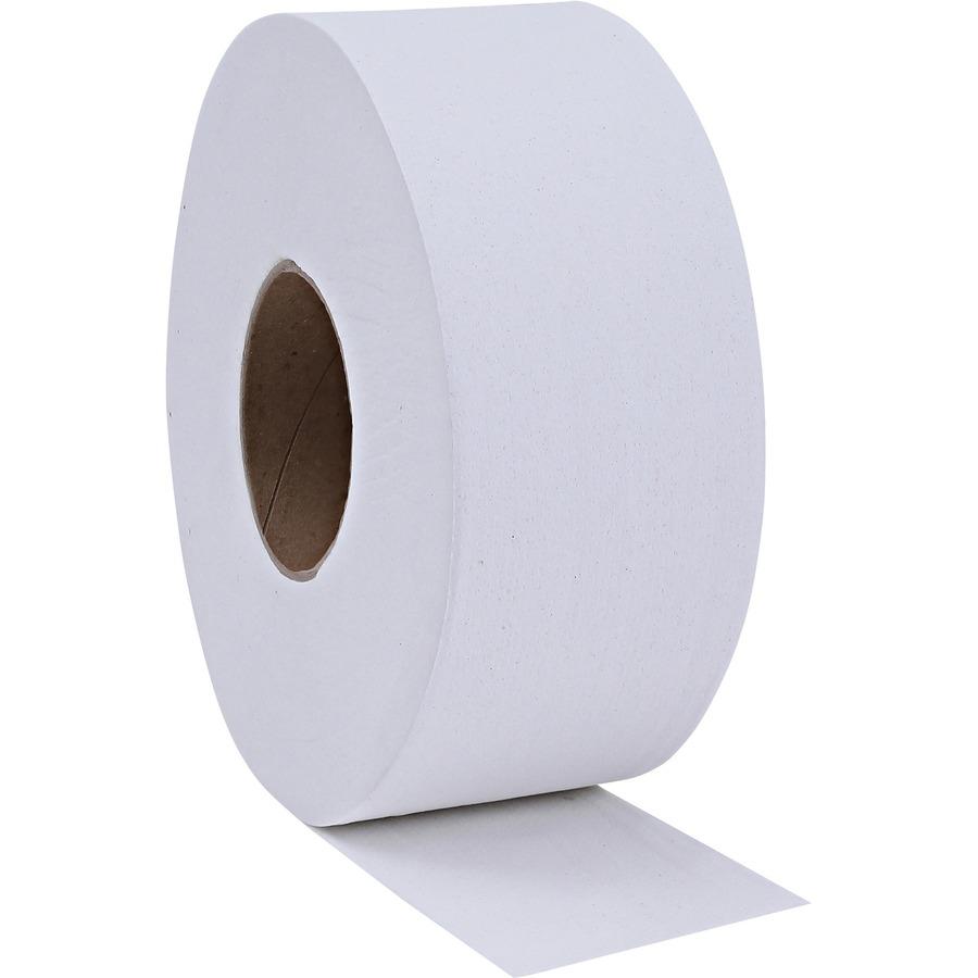 Genuine Joe Jumbo Dispenser Roll Bath Tissue - 2 Ply - 3.50" Width x 1000 ft Length - 9" Roll Diameter - 3 19/64" Core - White - 8 / Carton. Picture 11