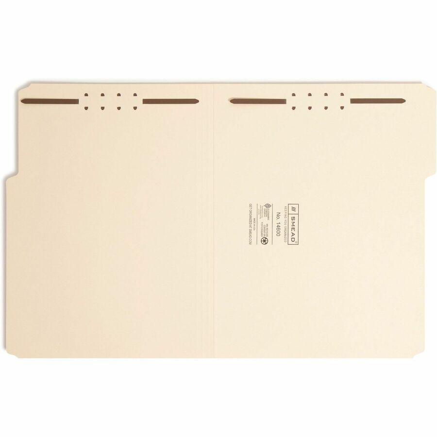 Smead 1/3 Tab Cut Letter Recycled Fastener Folder - 8 1/2" x 11" - 2 x 2K Fastener(s) - Top Tab Location - Assorted Position Tab Position - Manila - 10% Paper Recycled - 50 / Box. Picture 10