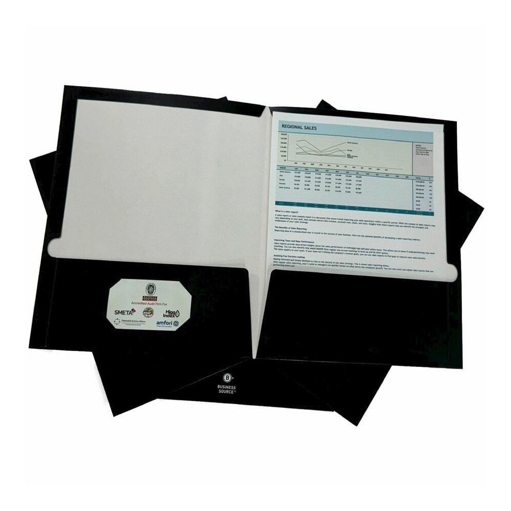 Business Source Letter No Pocket Folder - 8 1/2" x 11" - 100 Sheets Capacity - 2 Internal Pocket - Black - Laminated, Die-cut, Durable - 100 / Box. Picture 8