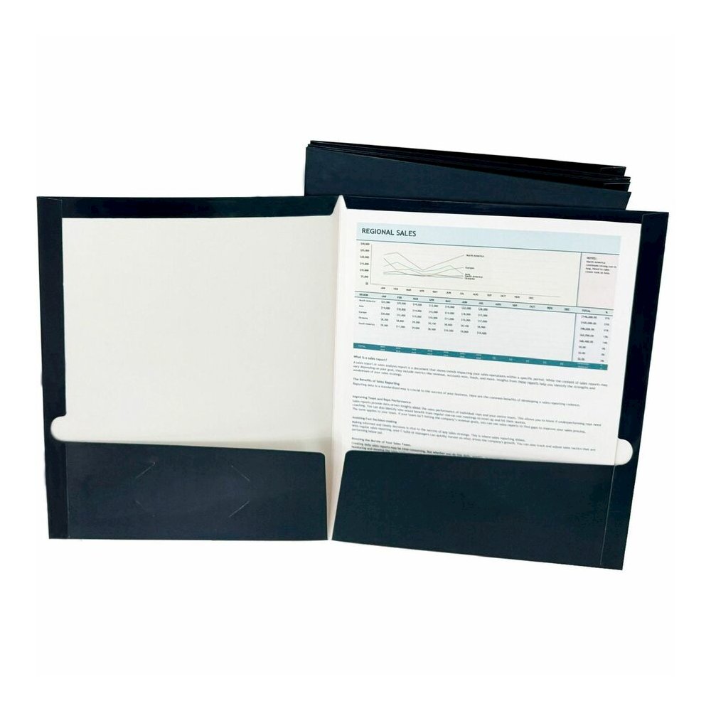 Business Source Letter Pocket Folder - 8 1/2" x 11" - 100 Sheets Capacity - 2 Internal Pocket - Card Paper - Navy - Durable, Laminated, Die-cut - 1 Box. Picture 6