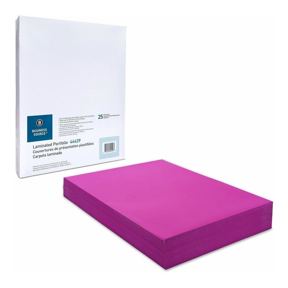 Business Source Letter No Pocket Folder - 8 1/2" x 11" - 100 Sheets Capacity - 2 Internal Pocket - Card Paper - Purple - Durable, Laminated, Die-cut - 1 Box. Picture 10