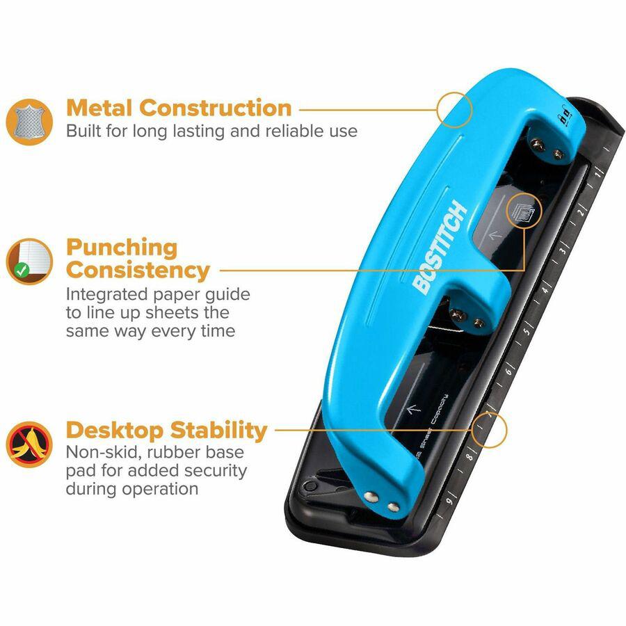 Bostitch EZ Squeeze&trade; 12 Three-Hole Punch - 3 Punch Head(s) - 12 Sheet - 9/32" Punch Size - Round Shape - 3" x 1.6" - Blue, Black. Picture 5