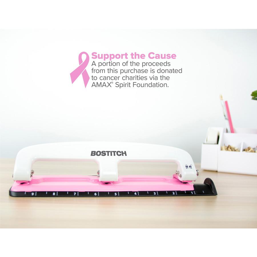 Bostitch EZ Squeeze&trade; InCourage 12 Three-Hole Punch - 3 Punch Head(s) - 12 Sheet - 9/32" Punch Size - Round Shape - 3" x 1.6" - Pink, White. Picture 4