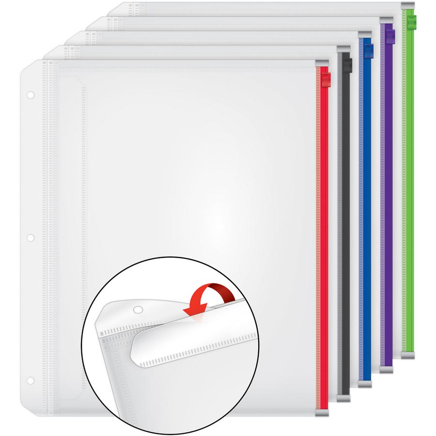 Cardinal Zipper Binder Pockets - 0.50" Maximum Capacity - 100 x Sheet Capacity - For Letter 8 1/2" x 11" Sheet - 3 x Holes - Ring Binder - Rectangular - Blue, Black, Red, Purple, Green - Poly - 5 / Pa. Picture 2