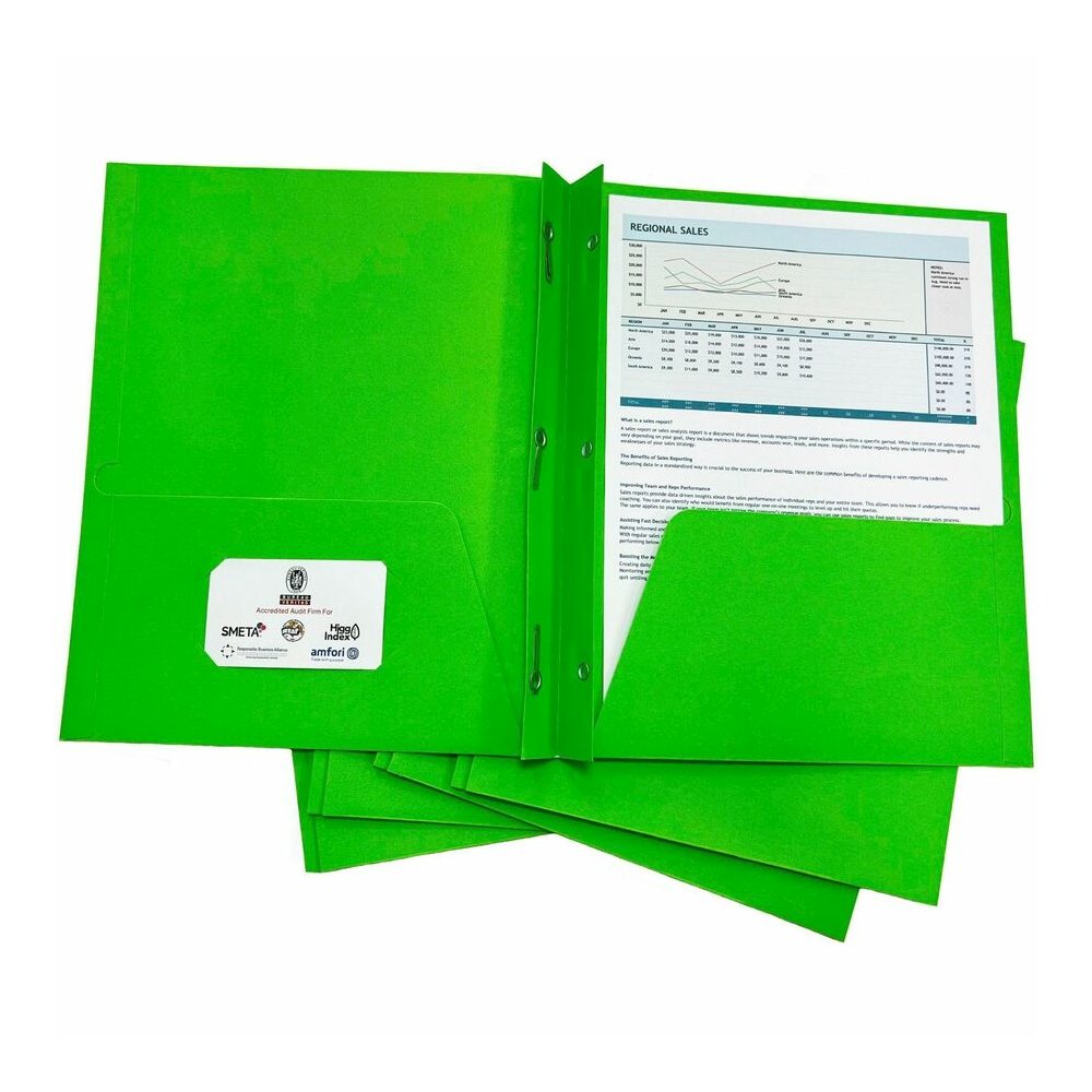 Sparco Letter Pocket Folder - 8 1/2" x 11" - 3 x Double Prong Fastener - 2 Internal Pocket - Apple Green - 1 Box. Picture 5