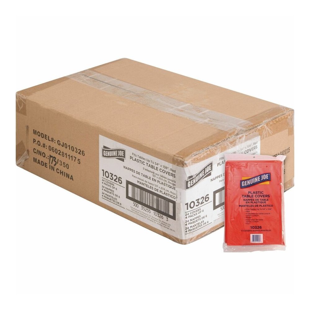Genuine Joe Plastic Rectangular Table Covers - 108" Length x 54" Width - Plastic - Red - 6/Pack - 4 / Carton. Picture 10