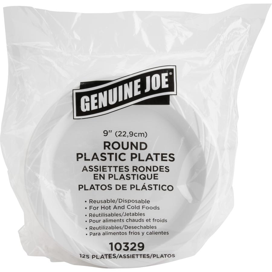 Genuine Joe 9" Reusable Plastic Plates - Serving - Disposable - 9" Diameter - White - Plastic Body - 125/Pack - 4 / Carton. Picture 13
