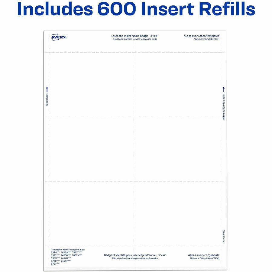 Avery&reg; Laser/Inkjet Badge Insert Refills - x 3" Width x 4" Length - Insert - Inkjet, Laser - White - Card Stock - 6 / Sheet - 50 Total Sheets - 300 Total Label(s) - 300 / Box. Picture 9