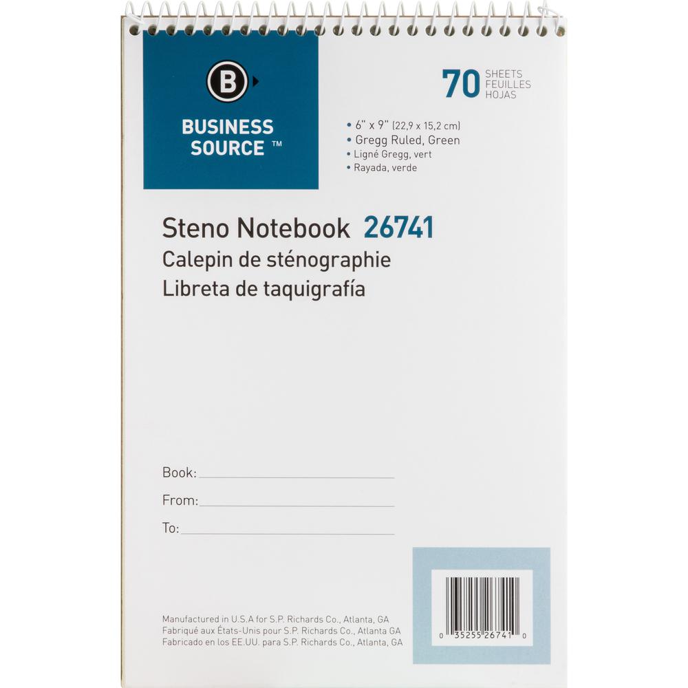 Business Source Steno Notebook - 70 Sheets - Wire Bound - Gregg Ruled Margin - 15 lb Basis Weight - 6" x 9" Sheet Size - Green Paper - Stiff-back - 12 / Pack. Picture 5