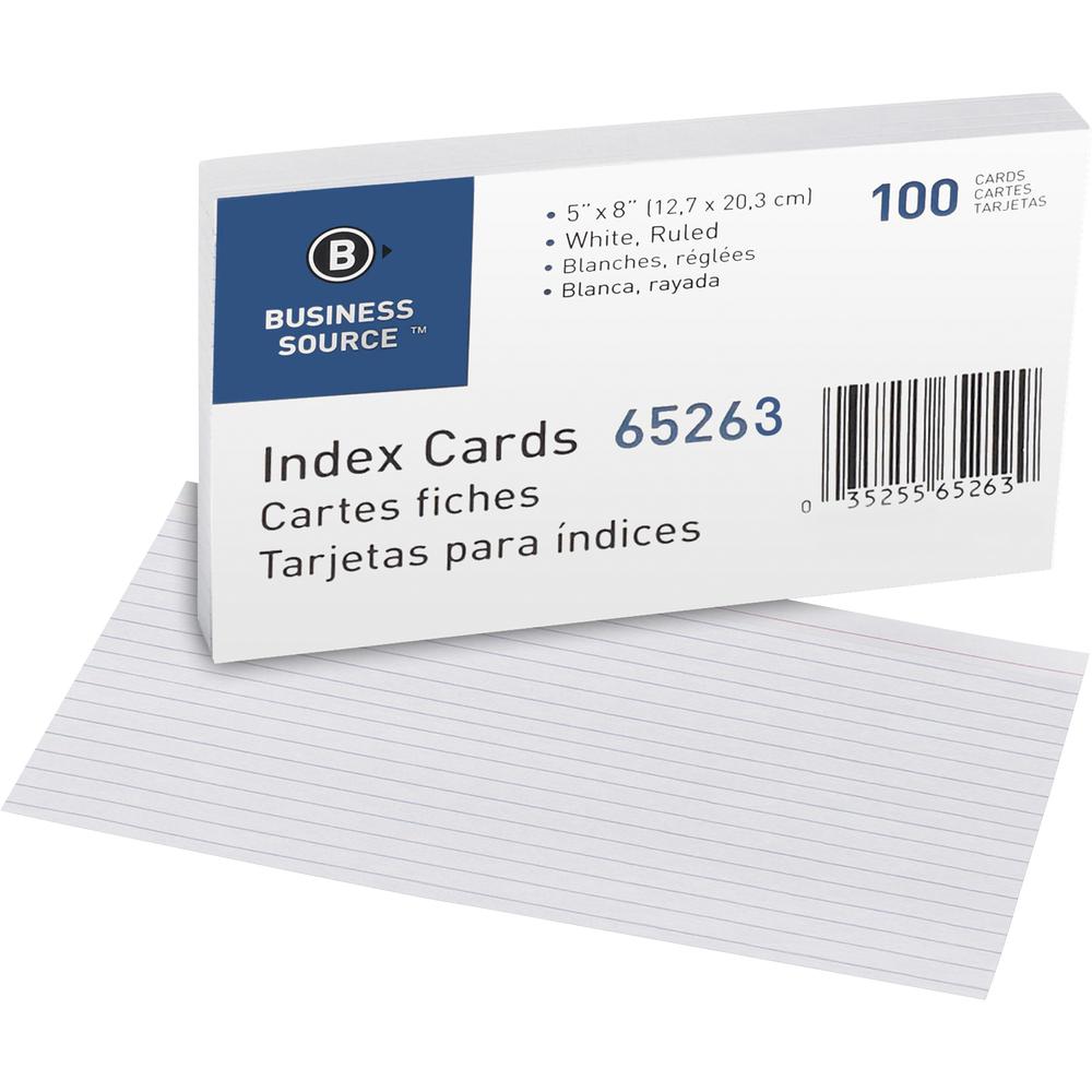 Business Source Ruled Index Cards - Front Ruling Surface - Ruled Front Ruling - 72 lb Basis Weight - 8" x 5" Sheet Size - White Paper - 100/Pack - 5 / Box. Picture 2