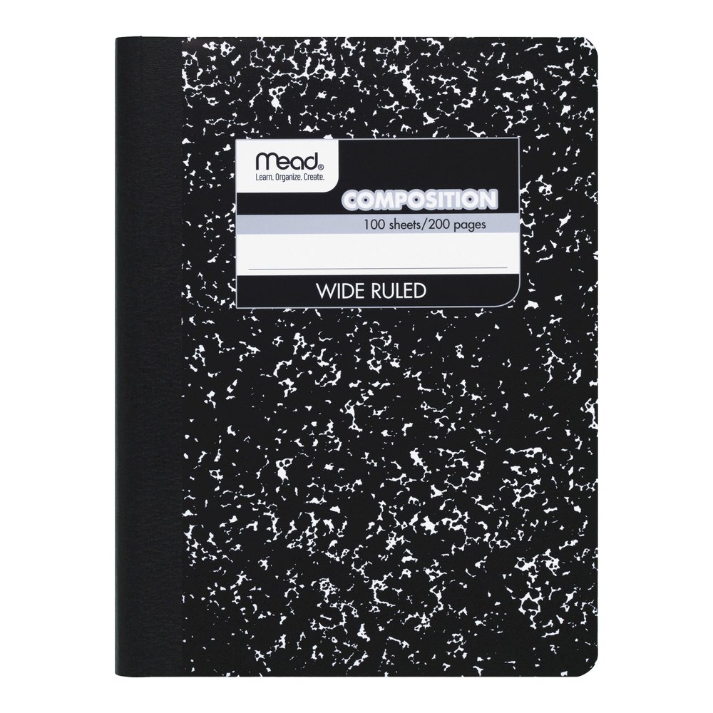 Mead Wide Ruled Composition Notebook - 100 Sheets - Sewn - 7 1/2" x 9 3/4" - White Paper - Black Marble Cover - 12 / Carton. Picture 2
