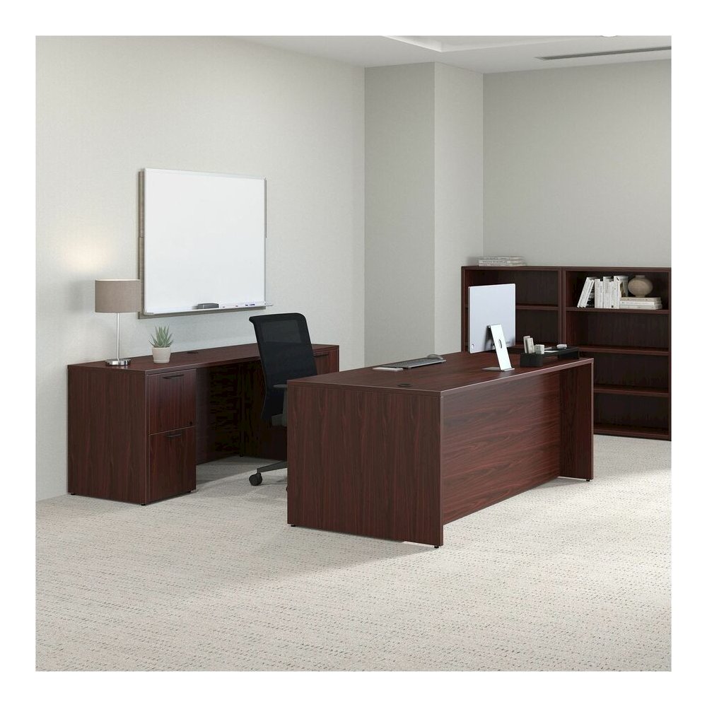 Lorell Prominence 2.0 Double-Pedestal Desk - 1" Thickness Top, 29" Height x 72" Width x 36" Depth - Total Drawer(s): 5 - Double Pedestal - Band Edge - Material: Particleboard - Finish: Mahogany Lamina. Picture 7
