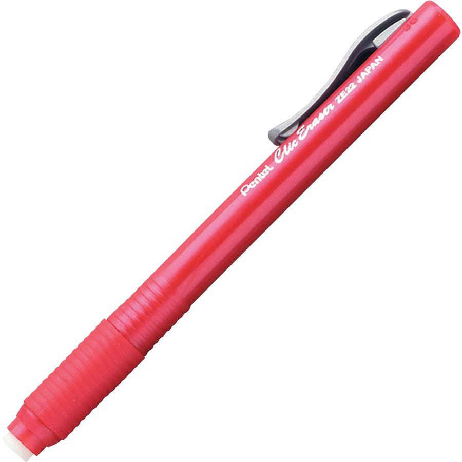 Pentel Rubber Grip Clic Eraser - Red Barrel - Pen - Refillable - 12 / Box - Retractable, Latex-free Grip, Pocket Clip, Ghost Resistant, Non-abrasive. Picture 3