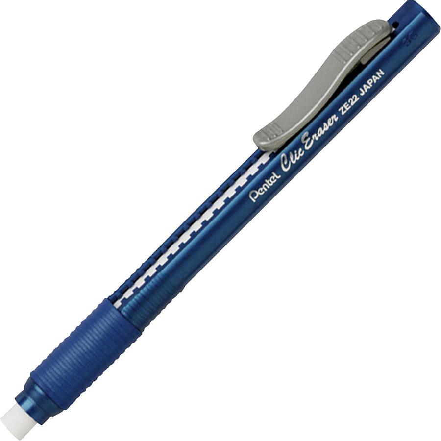 Pentel Rubber Grip Clic Eraser - Blue Barrel - Pen - Refillable - 12 / Box - Retractable, Latex-free Grip, Pocket Clip, Ghost Resistant, Non-abrasive. Picture 3