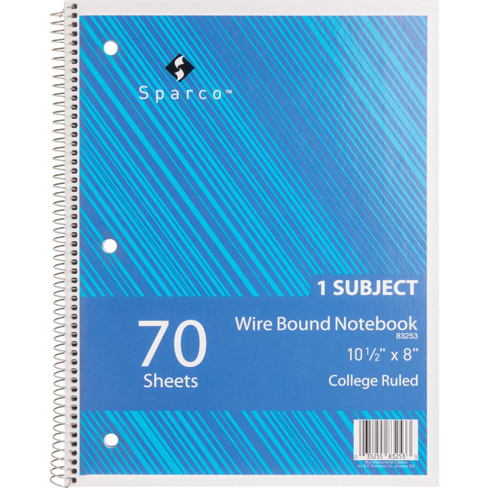 Sparco Wirebound Notebooks - 70 Sheets - Wire Bound - College Ruled Front Ruling - Unruled Margin - 16 lb Basis Weight - 8" x 10 1/2" Sheet Size - Assorted Chipboard Cover - Subject, Stiff-cover, Stif. Picture 6