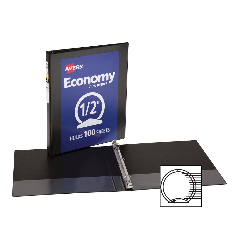 Avery&reg; Economy View Binder - 1/2" Binder Capacity - Letter - 8 1/2" x 11" Sheet Size - 100 Sheet Capacity - 3 Ring - Fastener: Round Ring - Pocket: 2, Internal - Vinyl, Chipboard - Black - 1 lb - . Picture 3