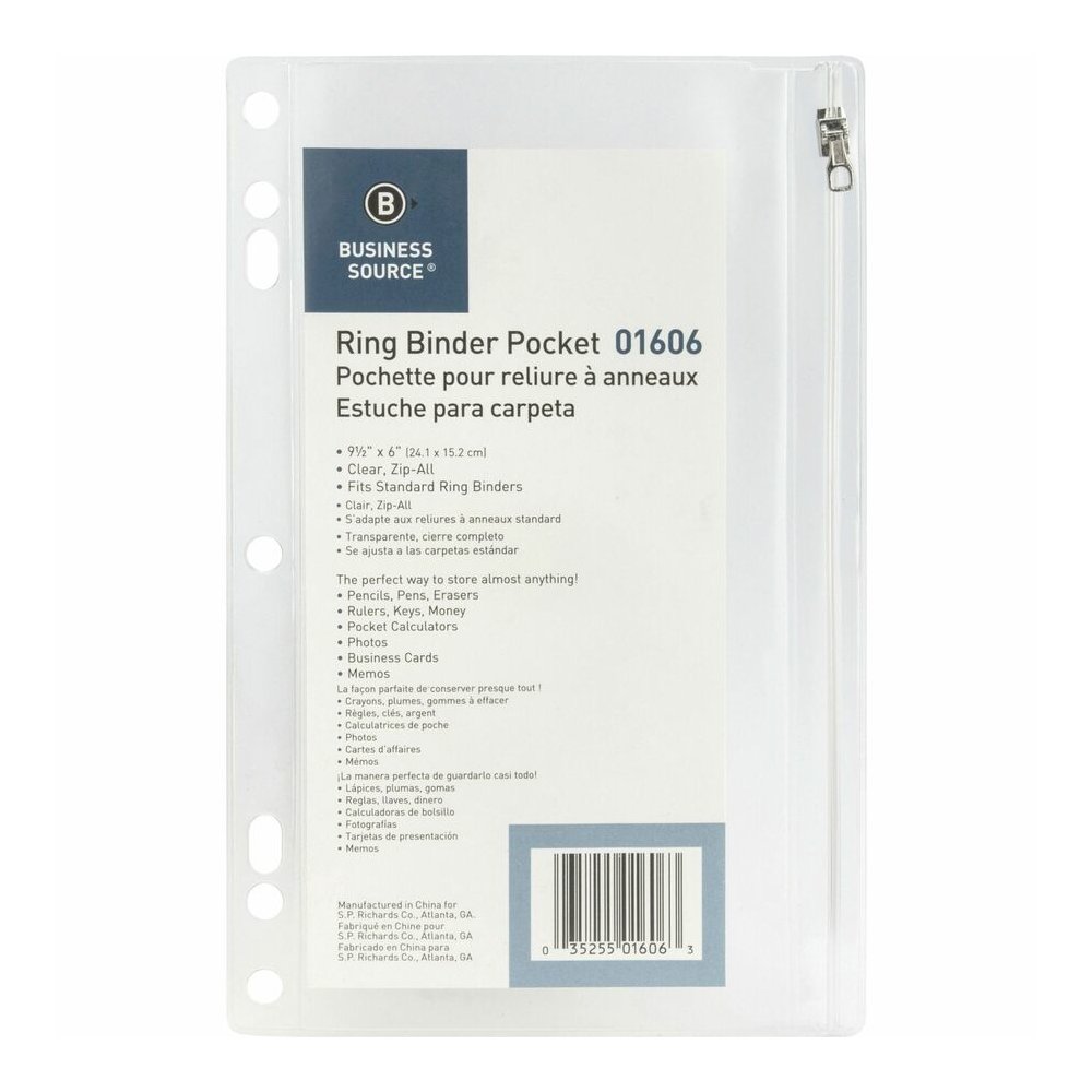 Business Source Punched Economy Binder Pocket - 9.5" Height x 6" Width - 7 x Holes - Ring Binder - Clear - Plastic - 24 / Box. Picture 6