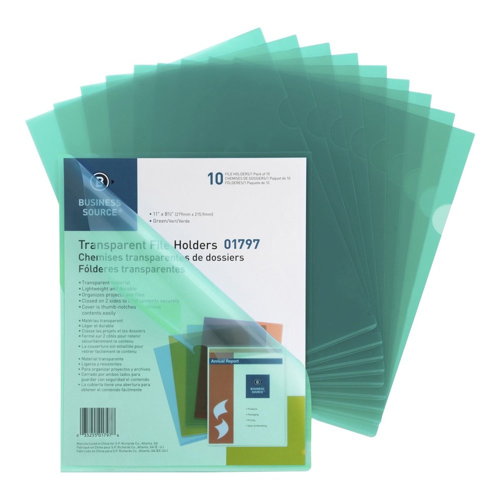 Business Source Letter File Sleeve - 8 1/2" x 11" - 20 Sheets Capacity - Green - Water Resistant, Transfer Safe, Lightweight, Transparent - 10/Pack - 5 / Box. Picture 9