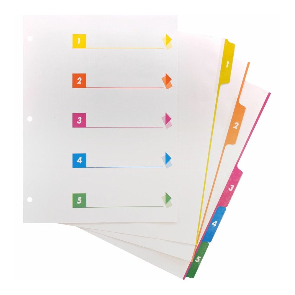 Business Source Color-coded Table of Contents/Tabs Index Dividers - Printed Tab(s) - Digit - 1-5 - 5 Tab(s)/Set - 3 Hole Punched - White Divider - Multicolor Mylar Tab(s) - 1 Box. Picture 7