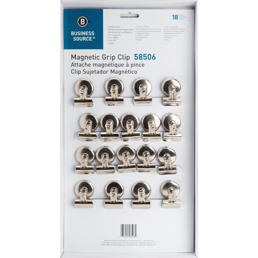 Business Source Magnetic Grip Clips Pack - No. 1 - 1.3" Width - for Paper - Magnetic, Heavy Duty - Silver - 18 / Box. Picture 6
