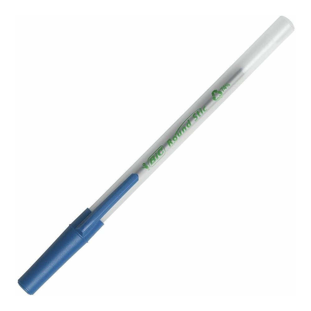 BIC Ecolutions Round Stic Ball Point Pen - Blue Ink - Semi Clear Barrel - 50 / Box. Picture 4