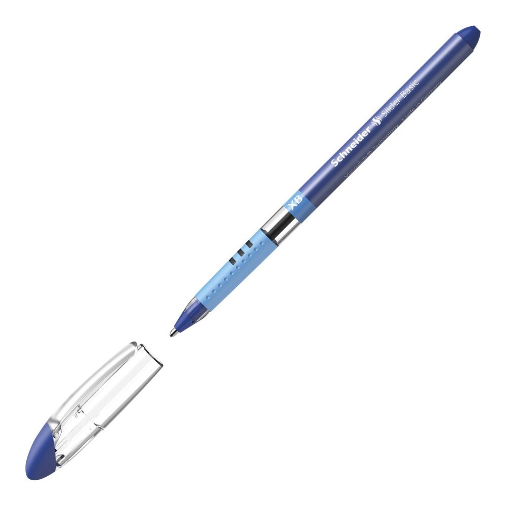 Schneider Slider Basic XB Ballpoint Pen - Blue Ink - Blue Rubberized, Transparent, Silver Barrel - Stainless Steel Tip - 10 / Pack. Picture 6