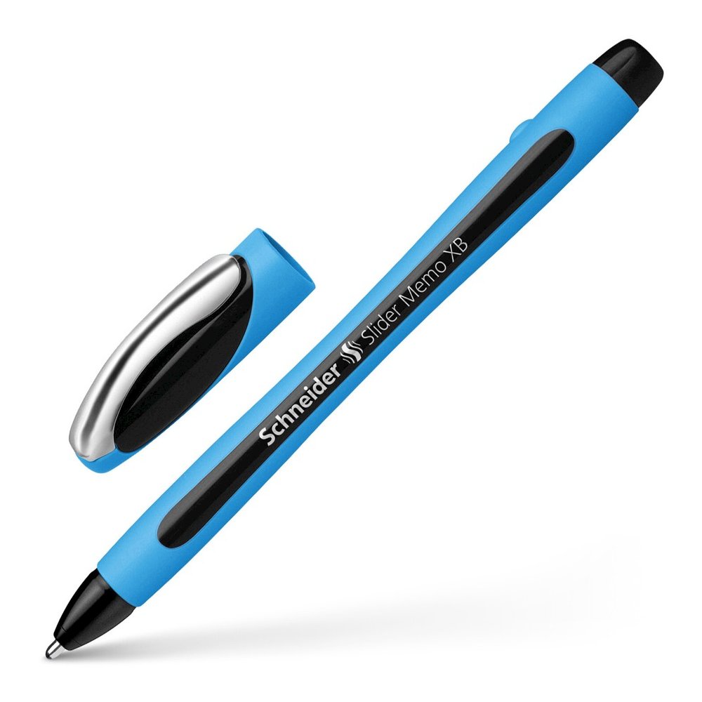 Schneider Slider Memo XB Ballpoint Pen - Black Ink - Black Rubberized, Light Blue Barrel - Stainless Steel Tip - 10 / Pack. Picture 8