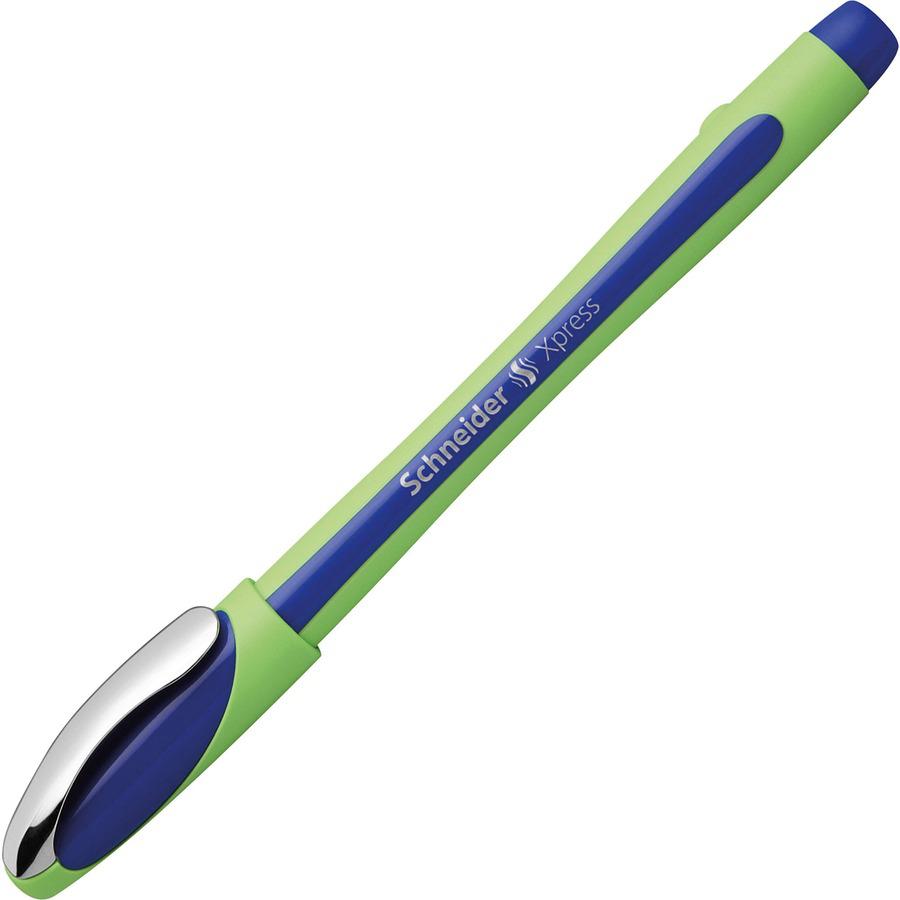 Schneider Xpress Fineliner Pen - Blue Ink - Blue Rubberized, Green Barrel - Stainless Steel Tip - 10 / Pack. Picture 8