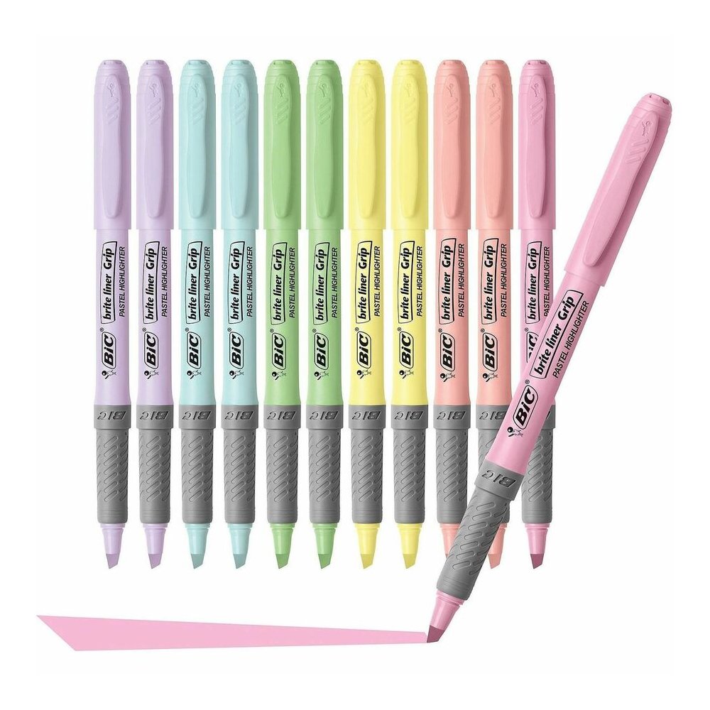 BIC Brite Liner Grip Highlighters, Assorted - Assorted, Pastel Yellow, Pastel Pink, Pastel Blue, Pastel Green, Pastel Purple, Pastel Orange Ink - 1 Dozen. Picture 3