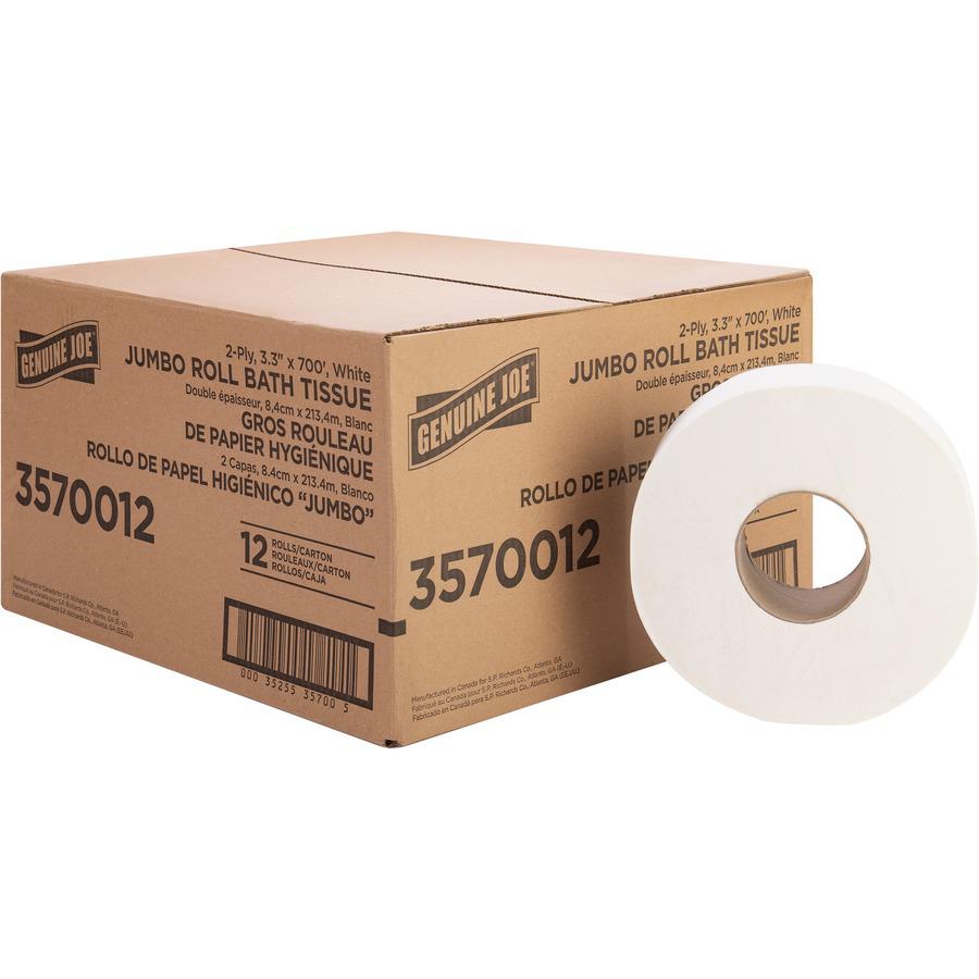 Genuine Joe Jumbo Jr Dispenser Bath Tissue Roll - 2 Ply - 3.30" Width x 700 ft Length - 8.88" Roll Diameter - White - Fiber - 12 / Carton. Picture 6