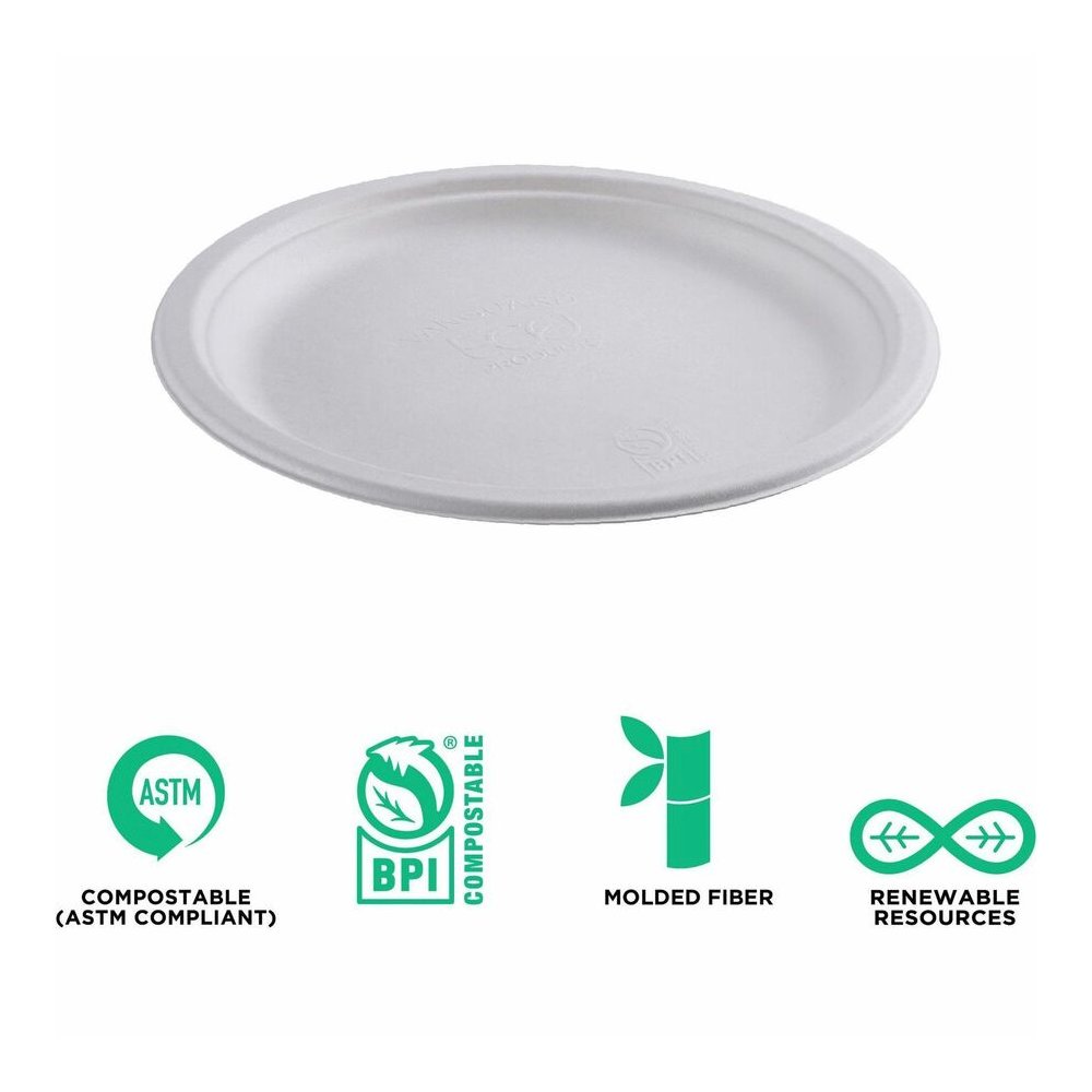 Eco-Products Vanguard 10" Sugarcane Plates - Breakroom - Disposable - Microwave Safe - 10" Diameter - White - Sugarcane Fiber Body - 500 / Carton. Picture 13
