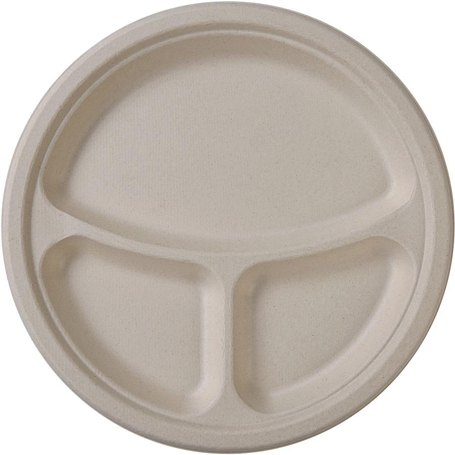 Genuine Joe 10" 3-Compartment Compostable Plates - 50 / Pack - Breakroom, Office - Disposable - 10" Diameter - White, Natural - Sugarcane Body - 10 / Carton. Picture 6